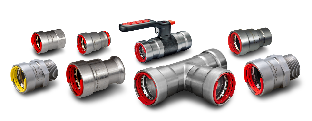 Aalberts VSH PowerPress® en press-systeem voor stalen buizen volgens EN 10255, EN 10220 (EN 10216-1 en EN 10217-1) en ASTMA53, A106, A135, A795
